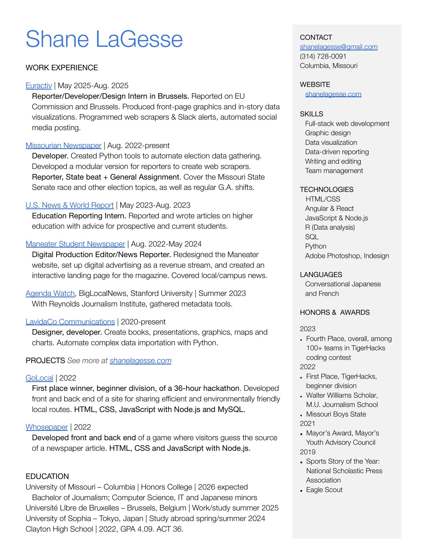 Shane LaGesse Resume